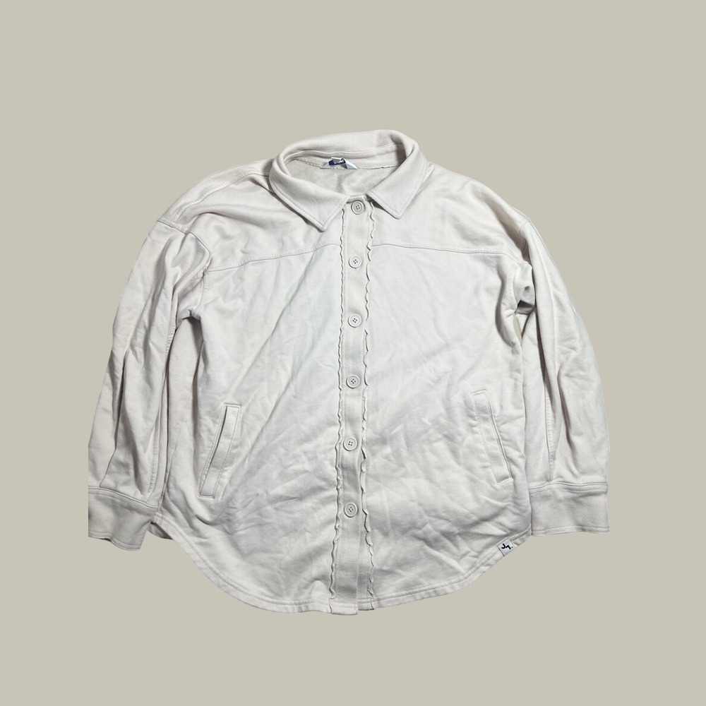 JoyLab Mens Scallop Trim Button Down Sweatshirt Shacket XL Cream